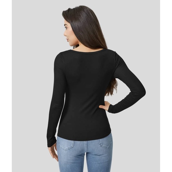 Halara Henley Button Front Long Sleeve Slim Casual Top in‎ Black Small NWT - Picture 2 of 11